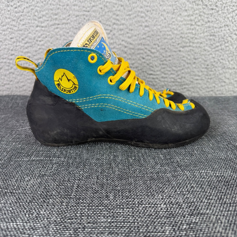 Vintage La Sportiva Mega Climbing Shoes 39.5 Teal Yellow Italy Moon Gorpcore 90s